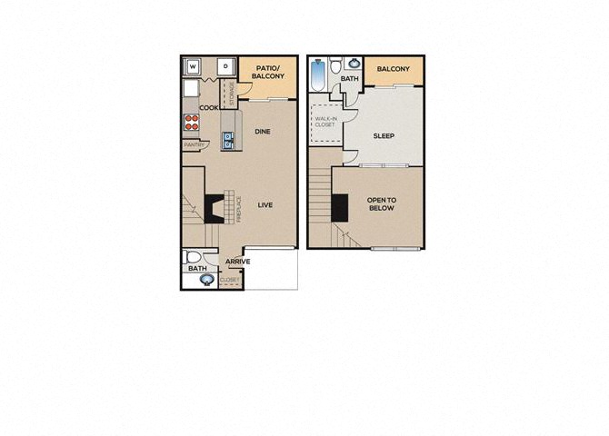 Floor plan for 1 bed, 1 bath, 844 sqft