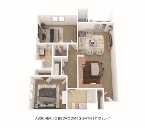 Floor plan for 2 beds, 2 baths, 1110 sqft