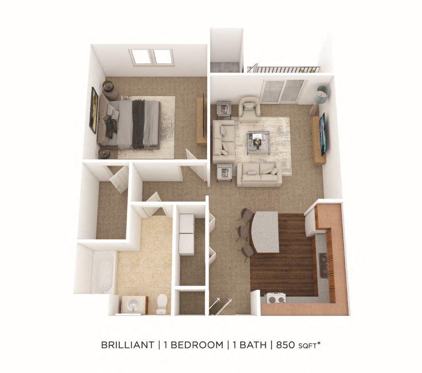 Floor plan for 1 bed, 1 bath, 850 sqft