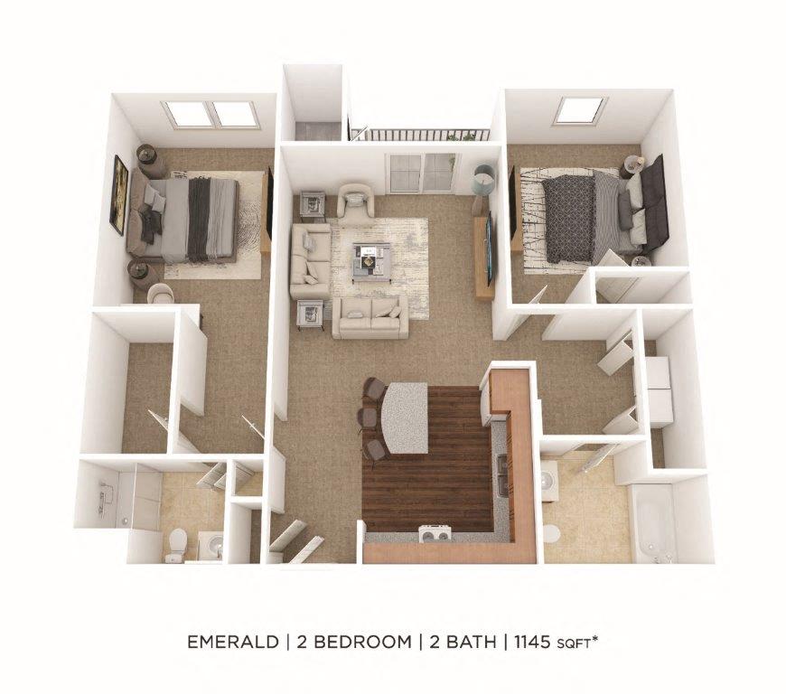 Floor plan for 2 beds, 2 baths, 1145 sqft