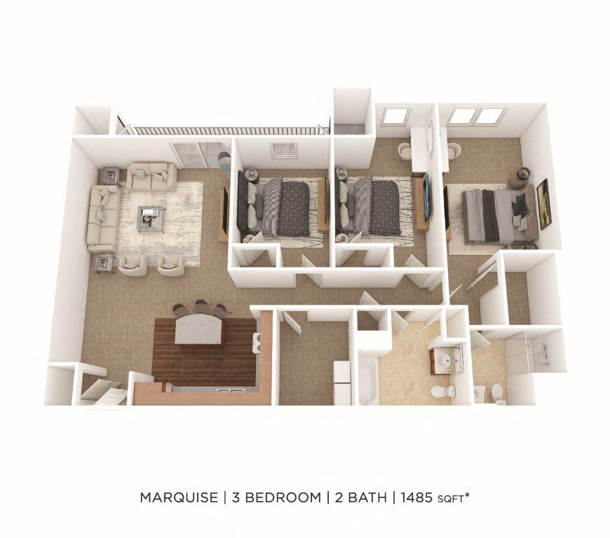 Floor plan for 3 beds, 2 baths, 1455 sqft