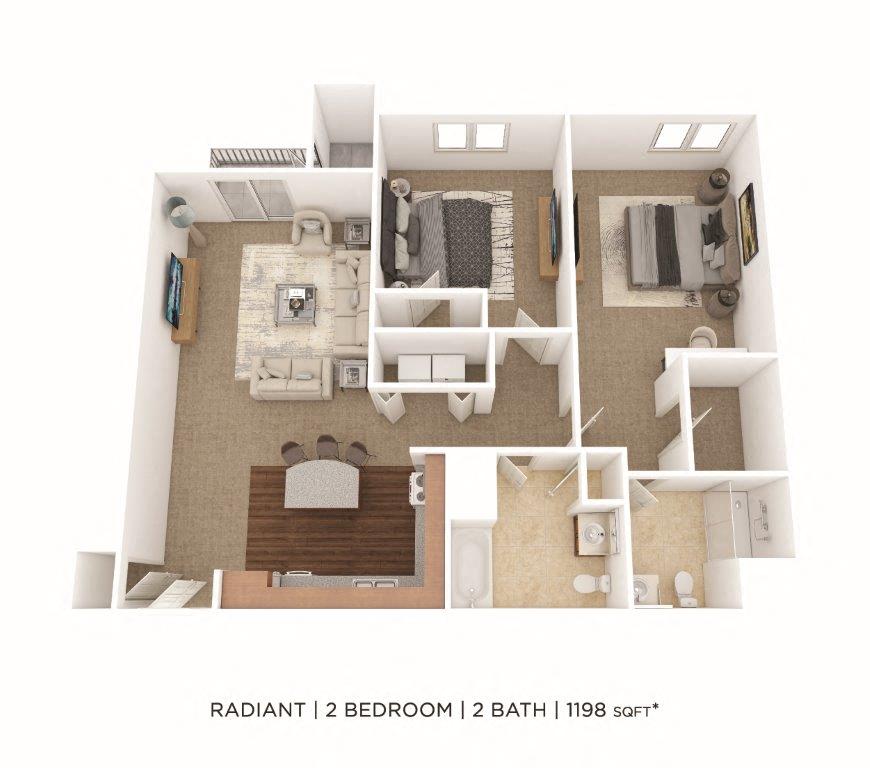Floor plan for 2 beds, 2 baths, 1198 sqft