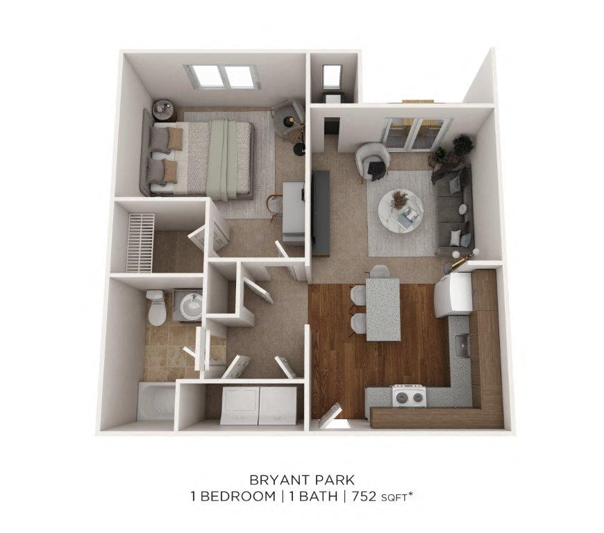 Floor plan for 1 bed, 1 bath, 752 sqft