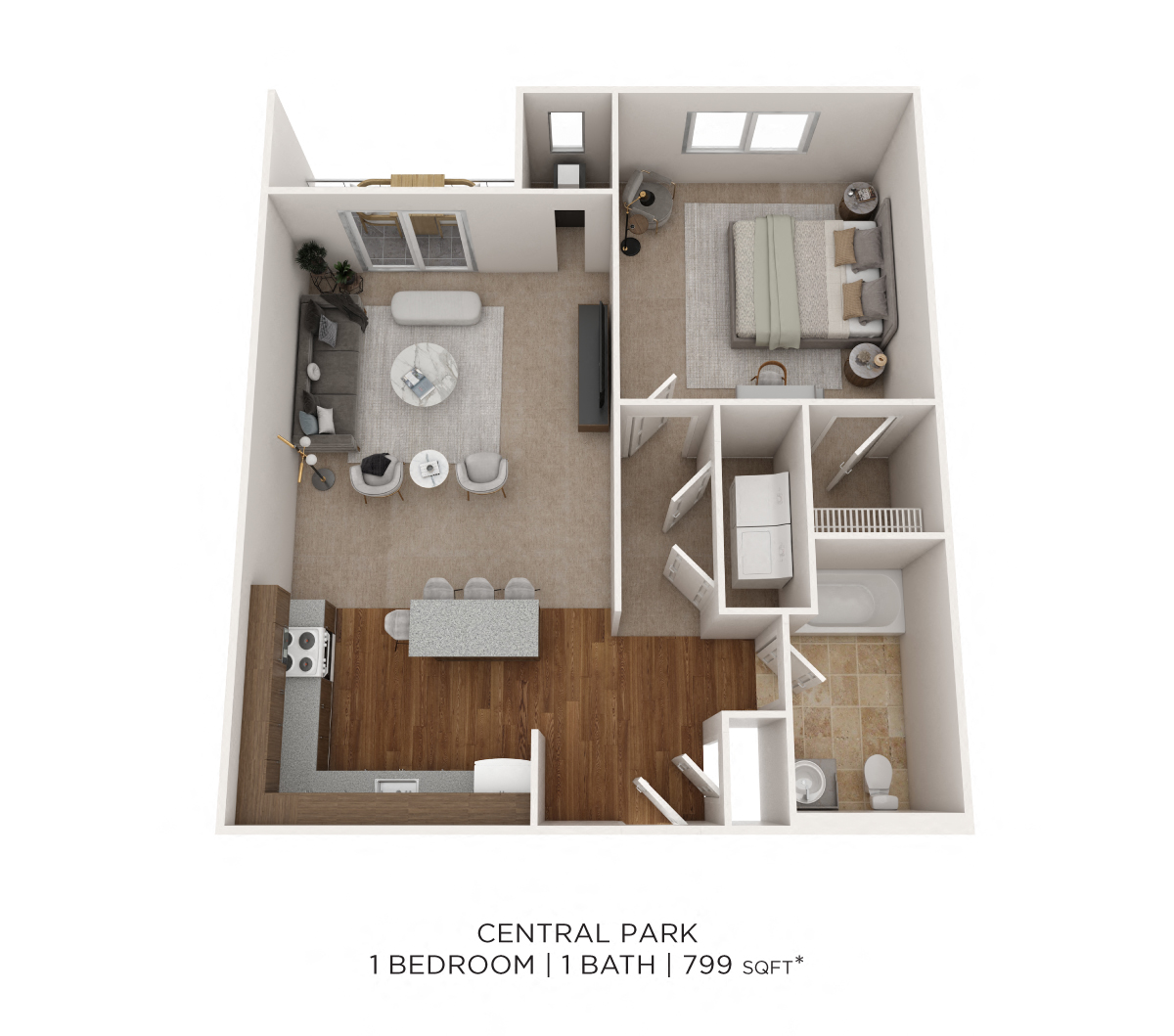 Floor plan for 1 bed, 1 bath, 799 sqft