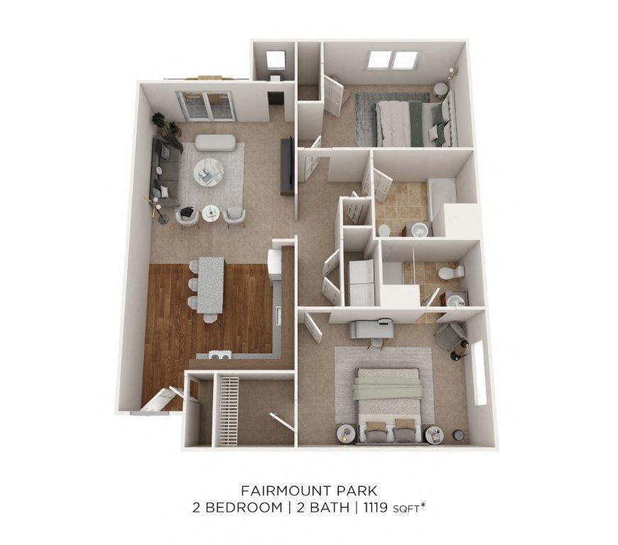 Floor plan for 2 beds, 2 baths, 1119 sqft
