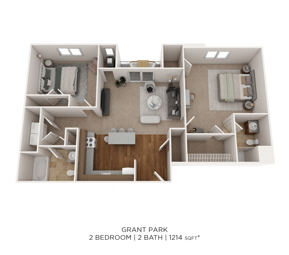 Floor plan for 2 beds, 2 baths, 1214 sqft