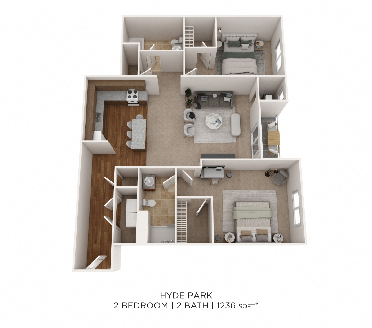 Floor plan for 2 beds, 2 baths, 1236 sqft