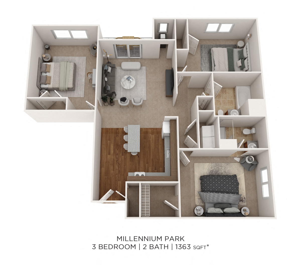 Floor plan for 3 beds, 2 baths, 1363 sqft