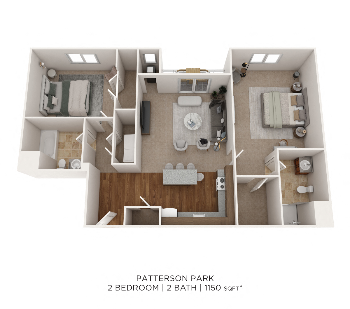 Floor plan for 2 beds, 2 baths, 1150 sqft
