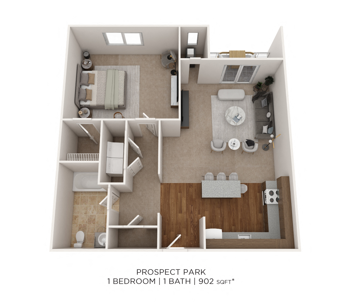 Floor plan for 1 bed, 1 bath, 902 sqft
