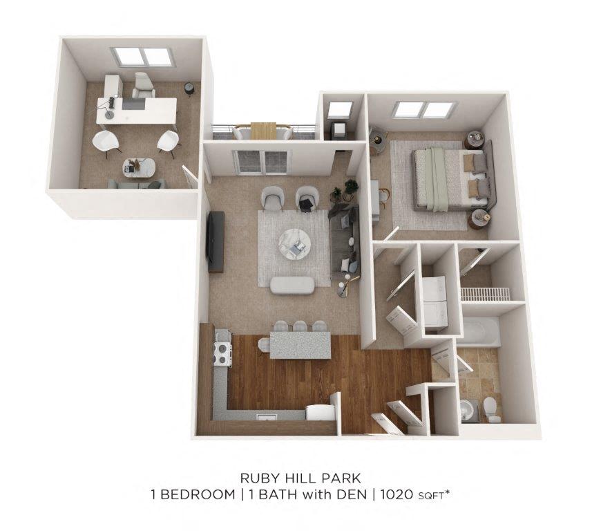 Floor plan for 1 bed, 1 bath, 1020 sqft