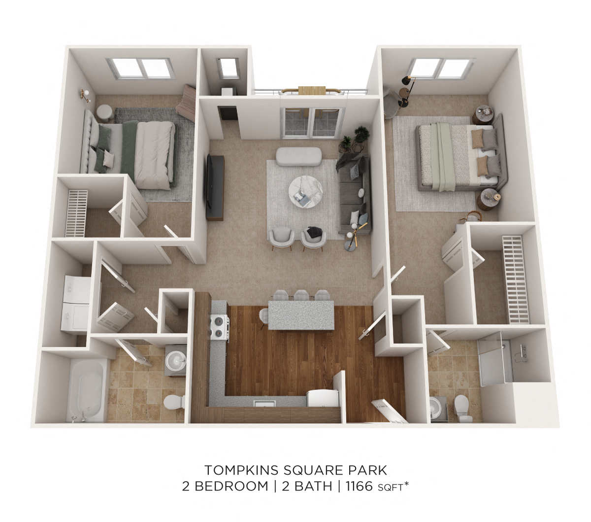 Floor plan for 2 beds, 2 baths, 1166 sqft