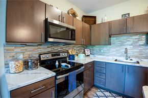 Pittsburgh apartment for rent - a kitchen with stainless steel appliances and wooden cabinets