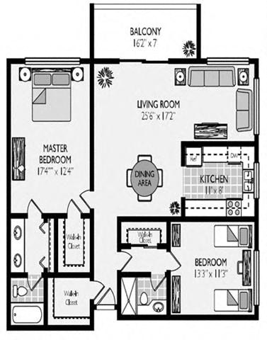 Floor plan for 2 beds, 2 baths, 1190 sqft