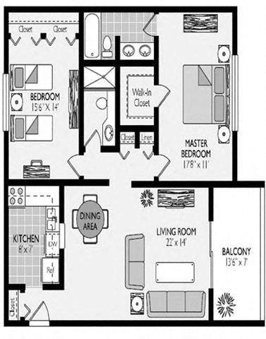Floor plan for 2 beds, 2 baths, 1103 sqft