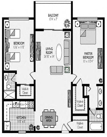 Floor plan for 2 beds, 2 baths, 1146 sqft