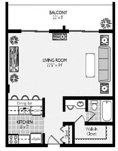 Floor plan for studio, 1 bath, 908 sqft