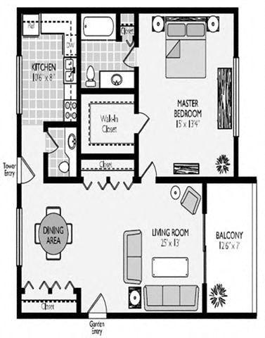 Floor plan for 1 bed, 1 bath, 908 sqft