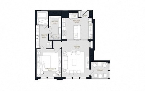 Floor plan for 1 bed, 1 bath, 1084 sqft