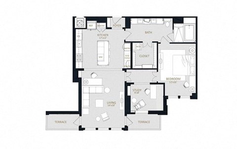 Floor plan for 1 bed, 1 bath, 1268 sqft