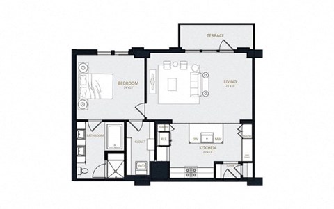 Floor plan for 1 bed, 1 bath, 990 sqft