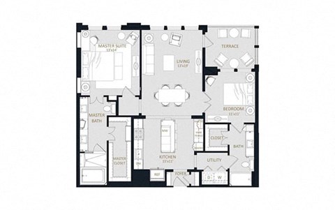 Floor plan for 2 beds, 2 baths, 1328 sqft