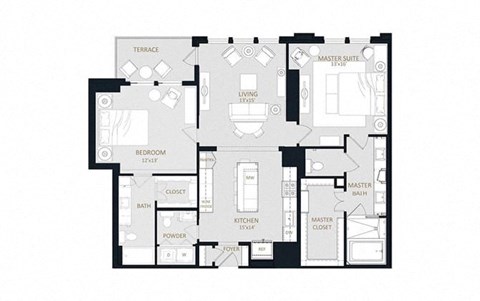 Floor plan for 2 beds, 2.5 baths, 1432 sqft