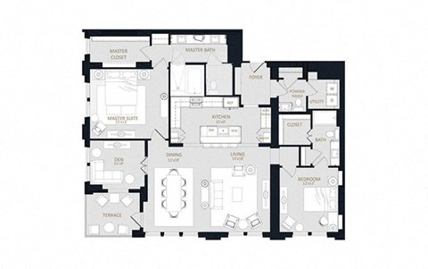 Floor plan for 2 beds, 2.5 baths, 1971 sqft