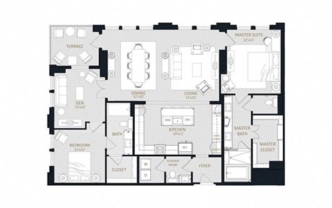 Floor plan for 2 beds, 2.5 baths, 1788 sqft
