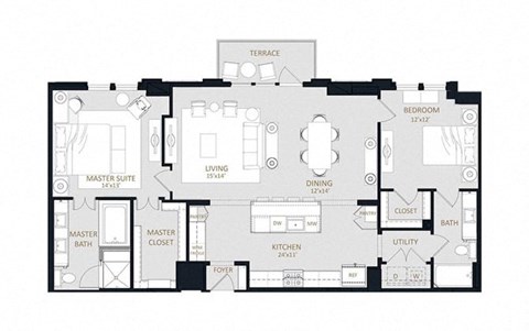 Floor plan for 2 beds, 2 baths, 1469 sqft