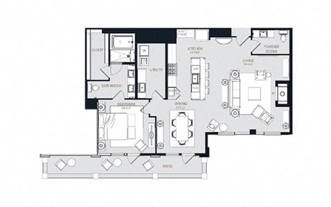 Floor plan for 1 bed, 1.5 baths, 1448 sqft