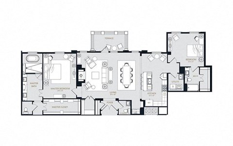 Floor plan for 2 beds, 2.5 baths, 2028 sqft