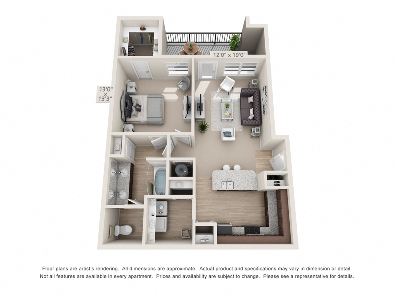 Floor plan for 1 bed, 1 bath, 833 sqft