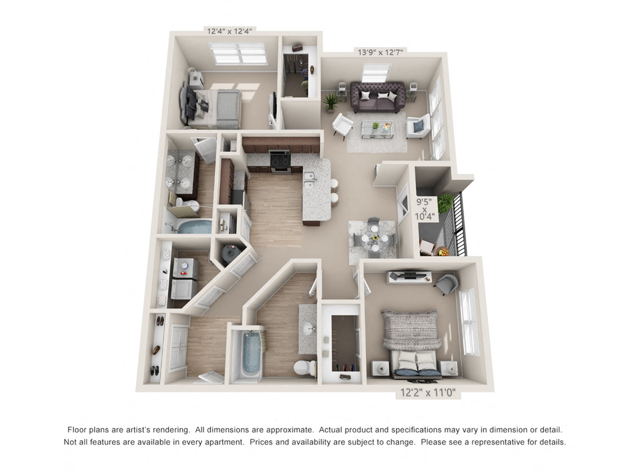 Floor plan for 2 beds, 2 baths, 1130 sqft