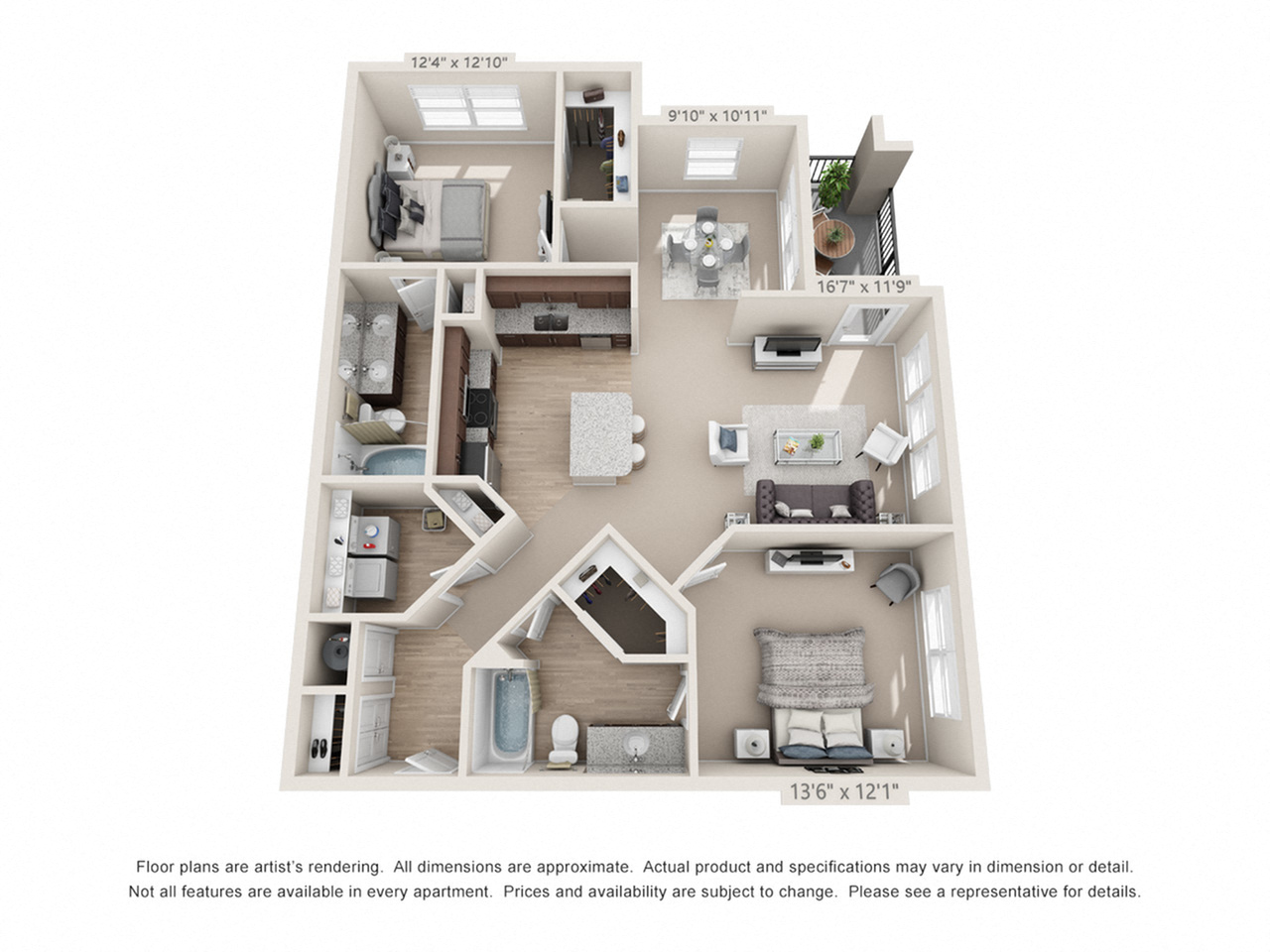 Floor plan for 2 beds, 2 baths, 1229 sqft