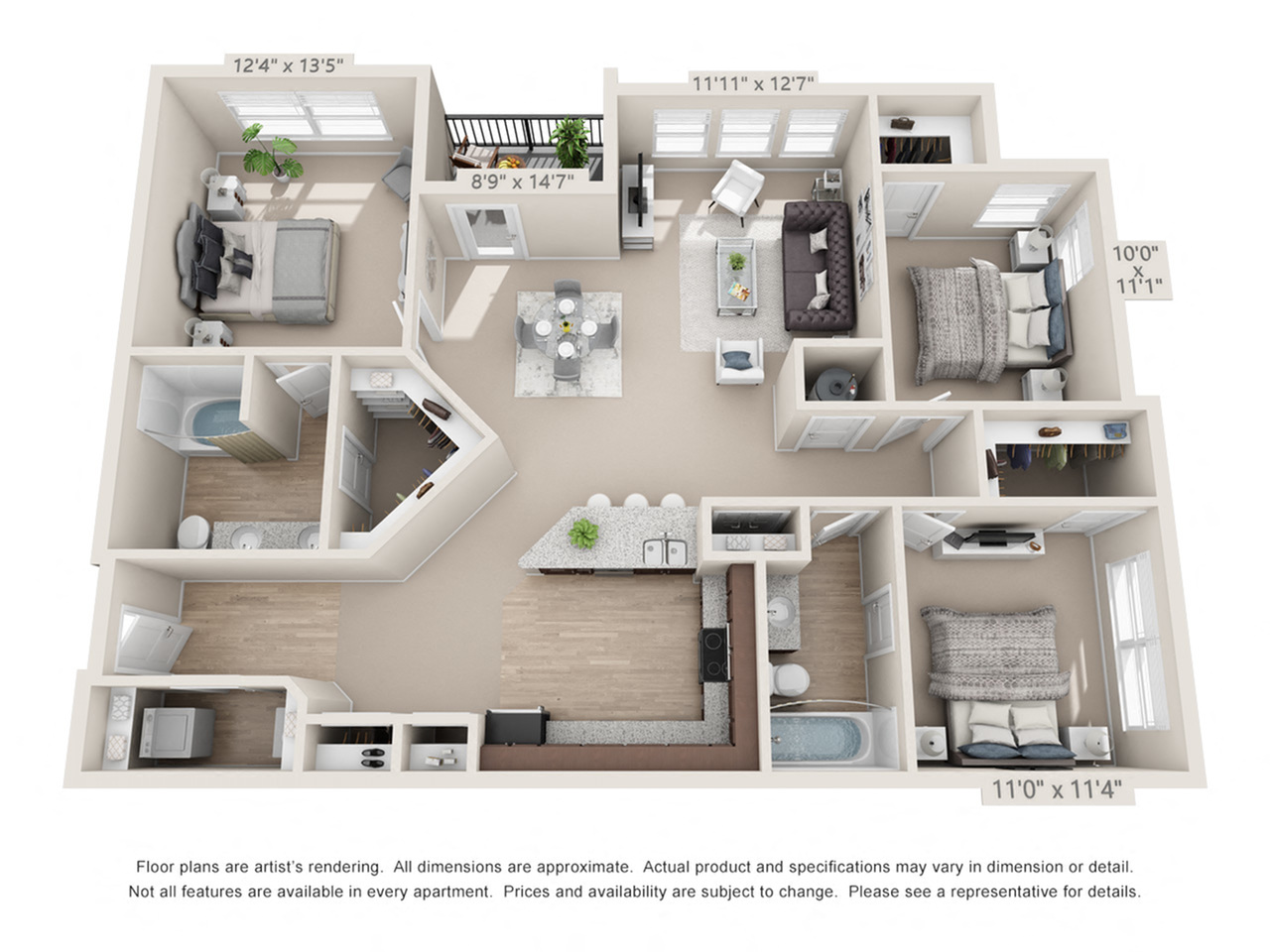 Floor plan for 3 beds, 2 baths, 1332 sqft