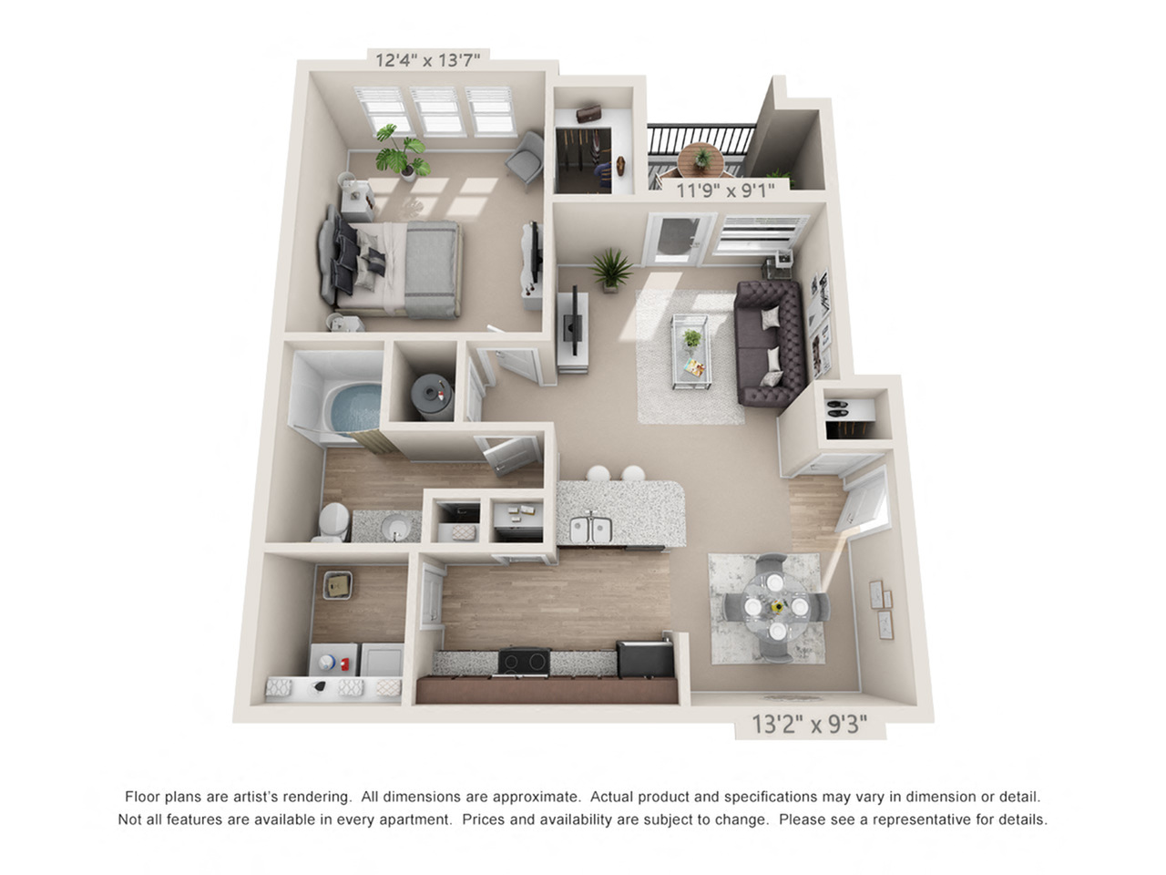 Floor plan for 1 bed, 1 bath, 708 sqft