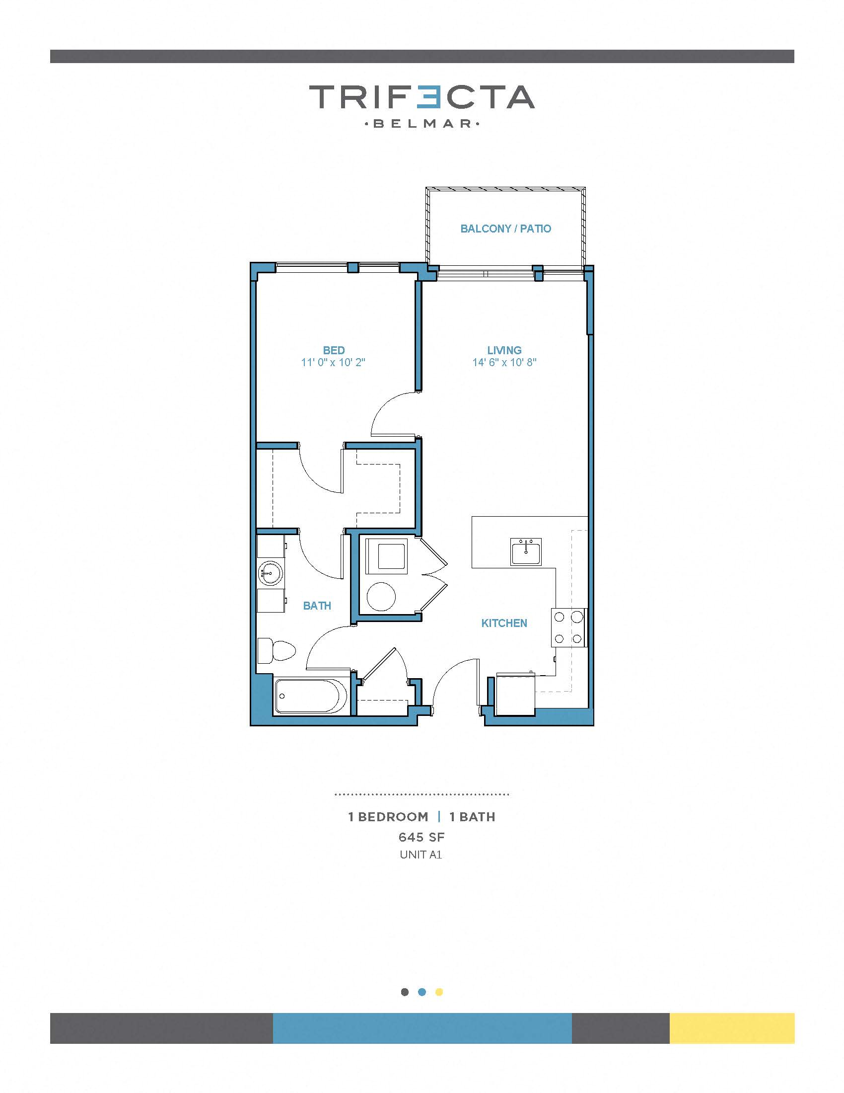 Floor plan for 1 bed, 1 bath, 645 sqft