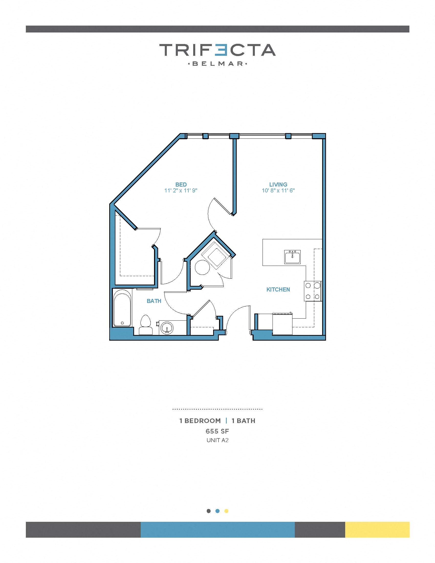 Floor plan for 1 bed, 1 bath, 655 sqft