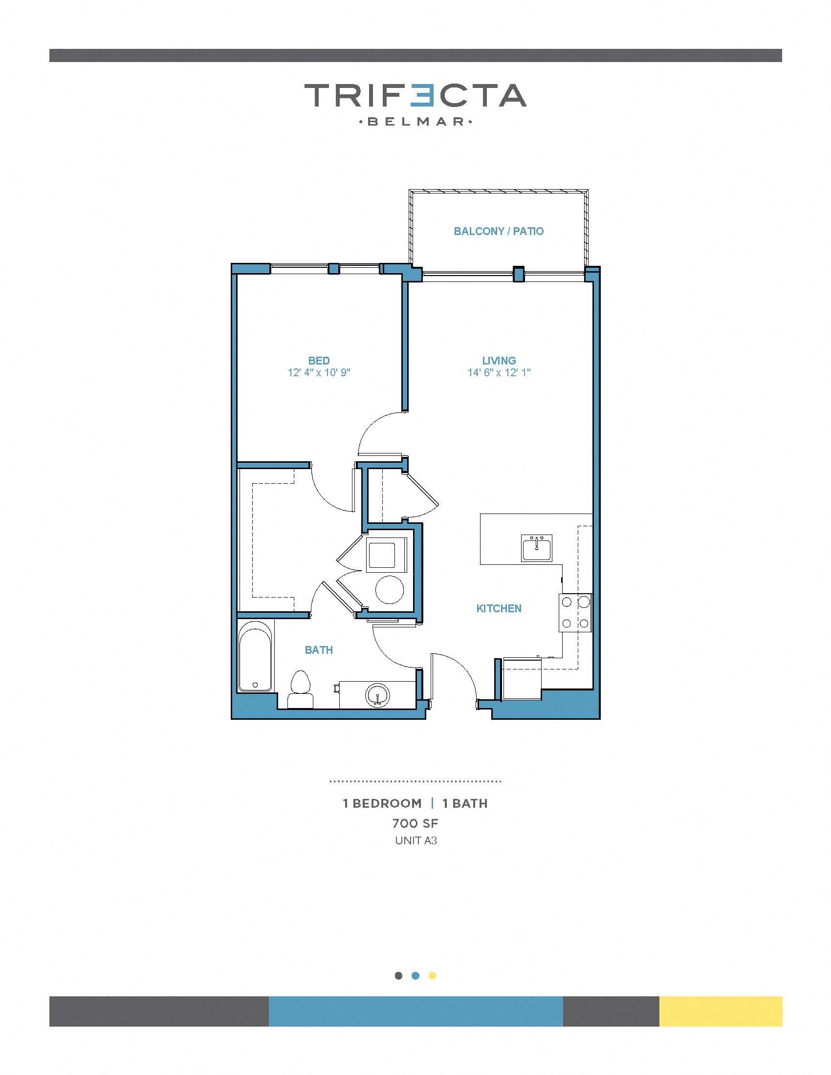 Floor plan for 1 bed, 1 bath, 700 sqft