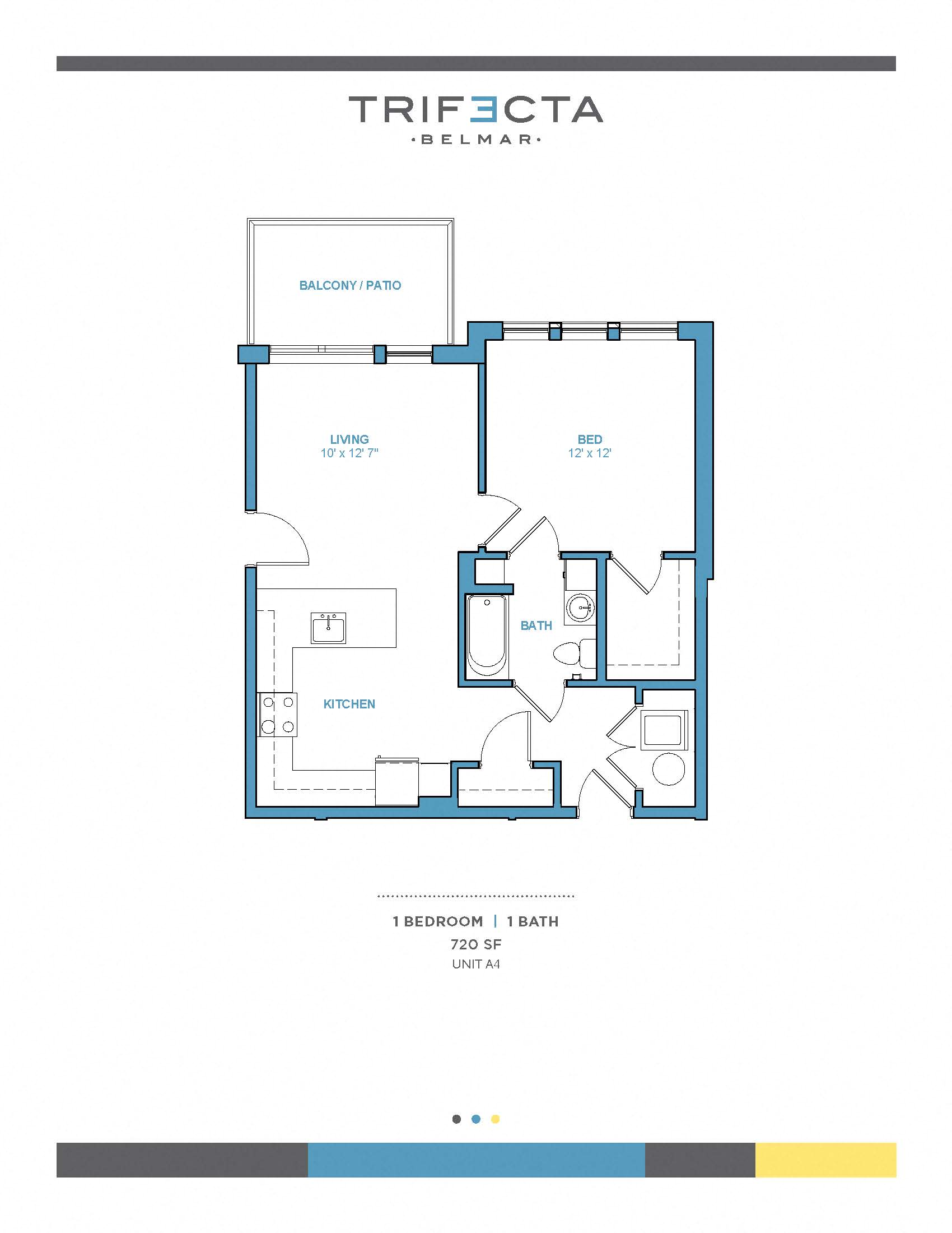 Floor plan for 1 bed, 1 bath, 720 sqft
