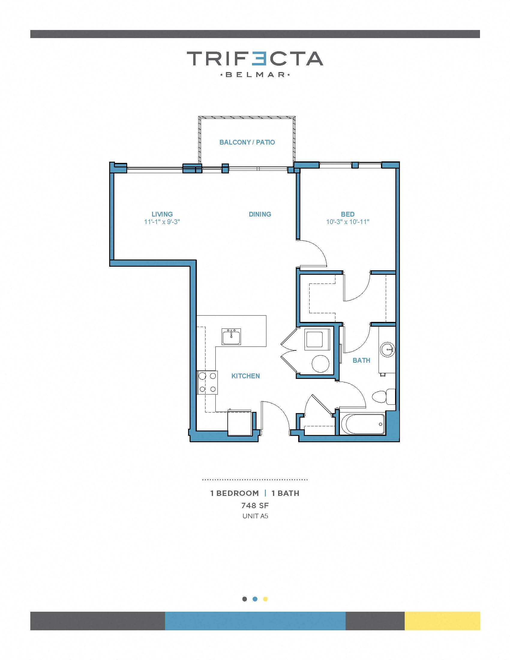 Floor plan for 1 bed, 1 bath, 748 sqft