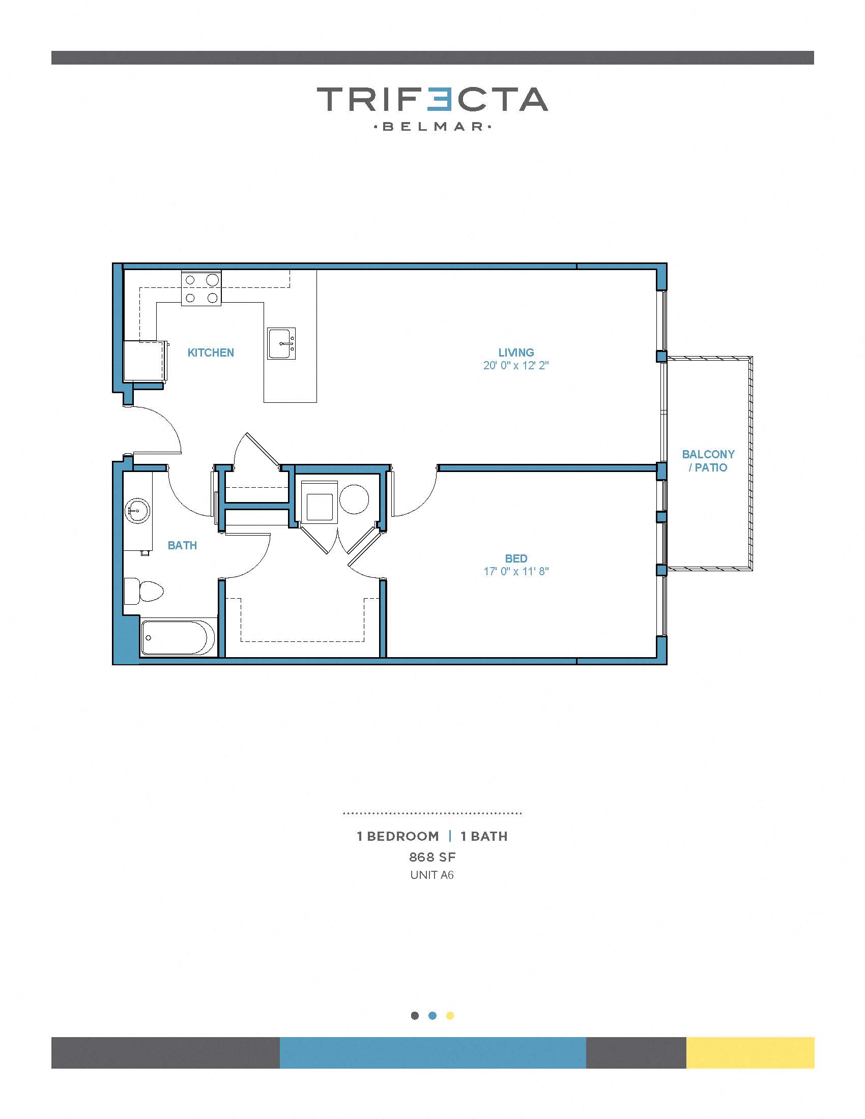 Floor plan for 1 bed, 1 bath, 868 sqft
