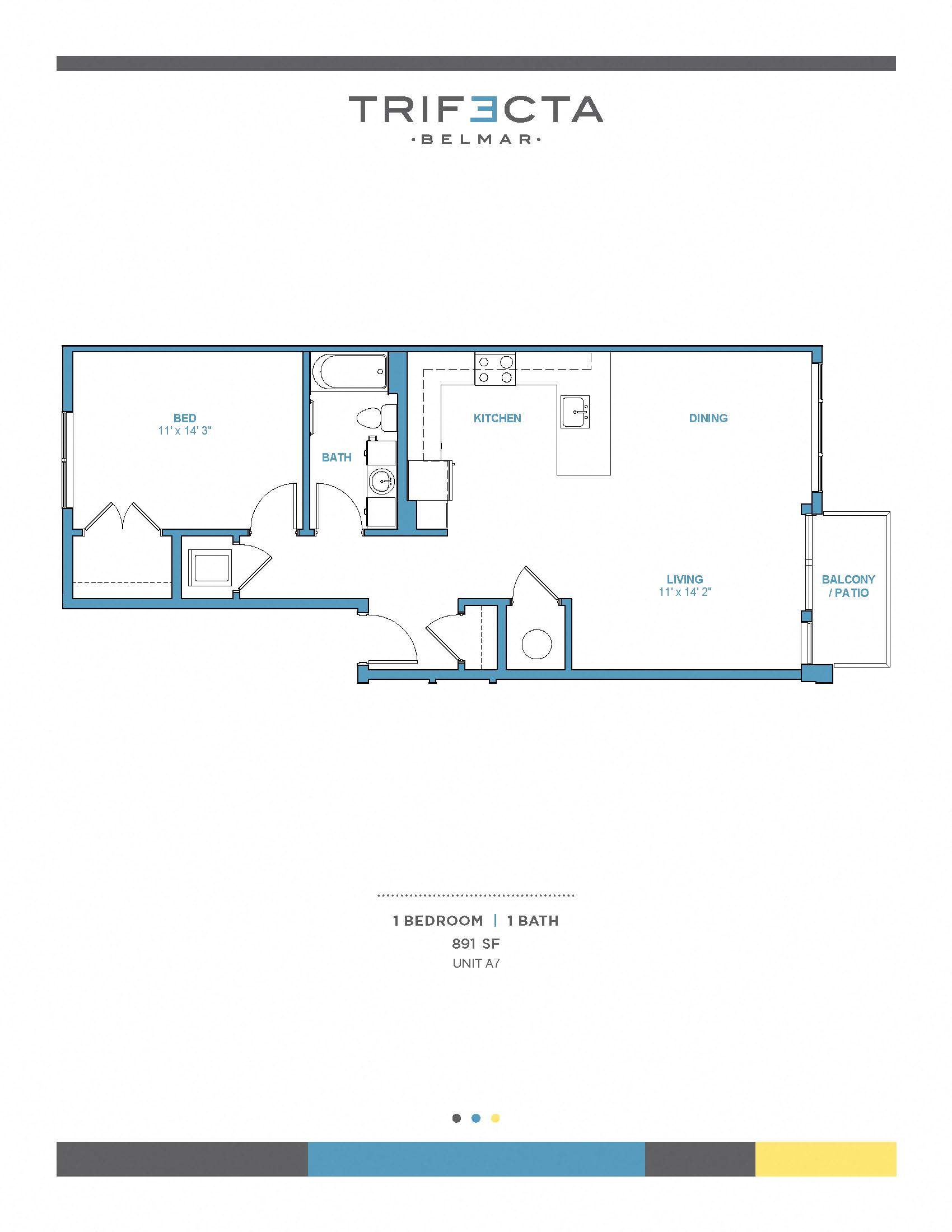 Floor plan for 1 bed, 1 bath, 891 sqft