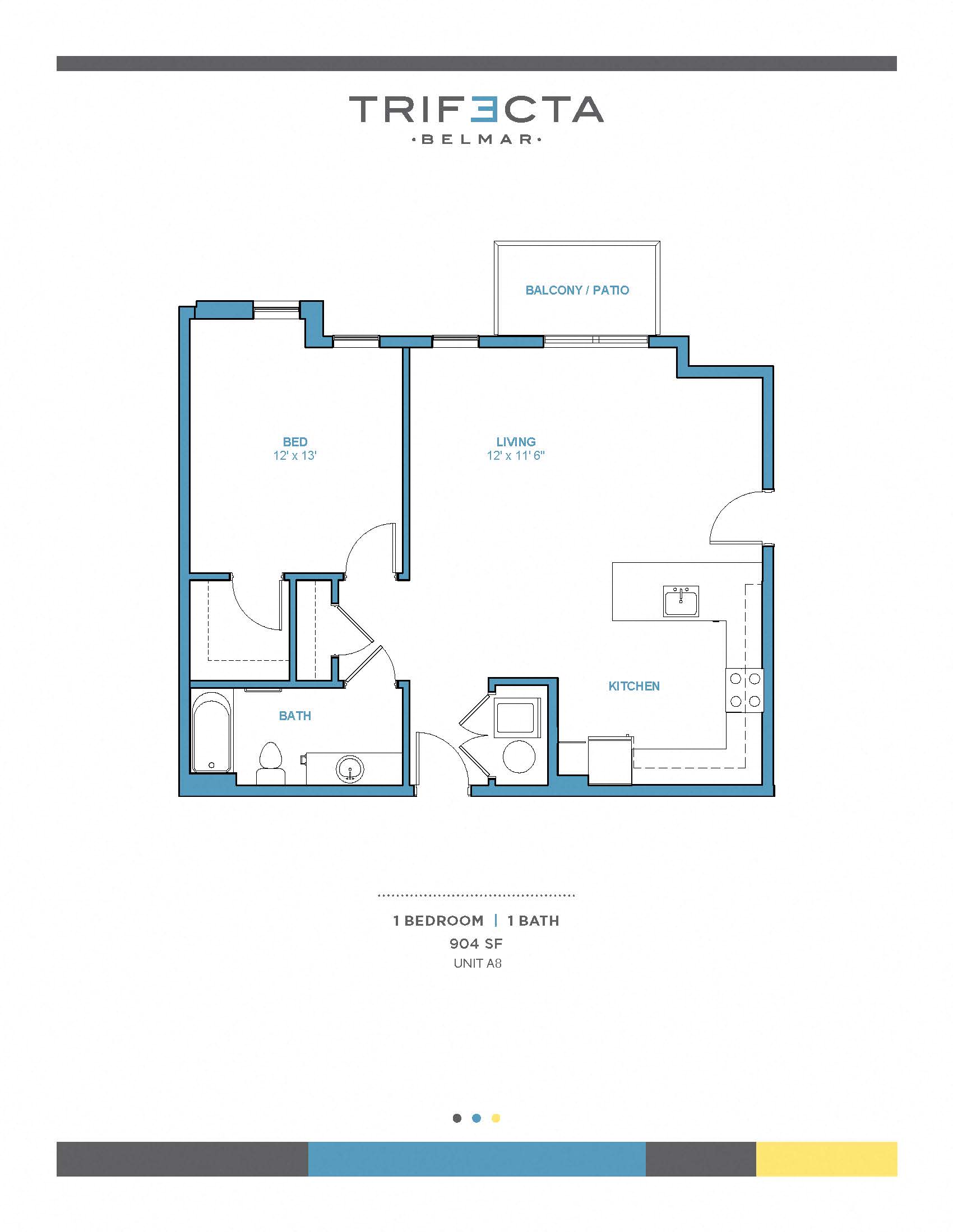 Floor plan for 1 bed, 1 bath, 891 sqft