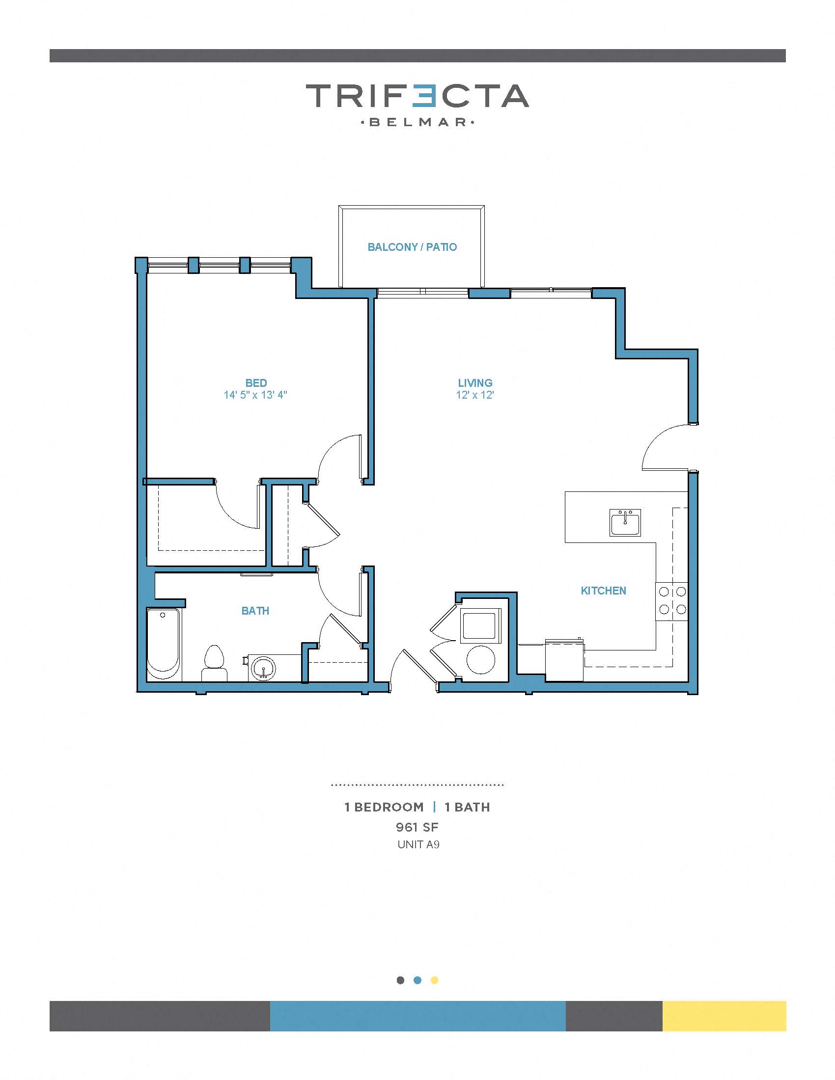 Floor plan for 1 bed, 1 bath, 961 sqft