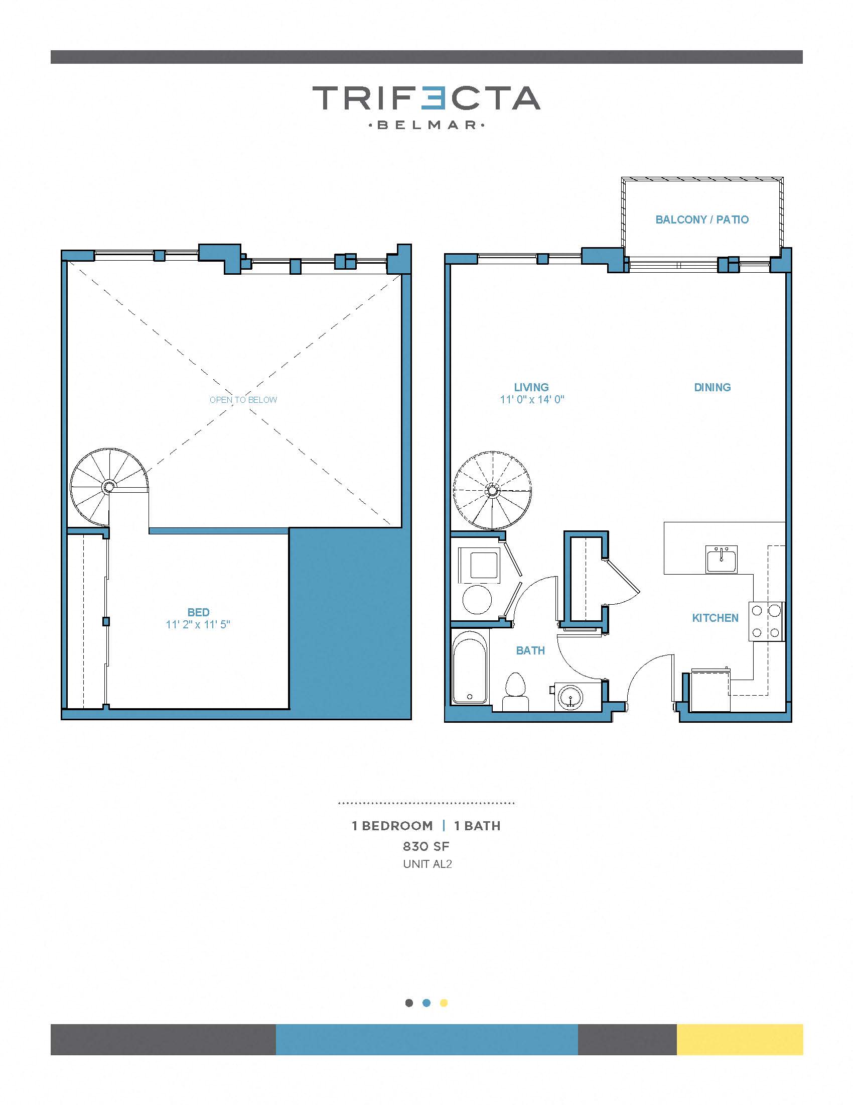 Floor plan for 1 bed, 1 bath, 830 sqft