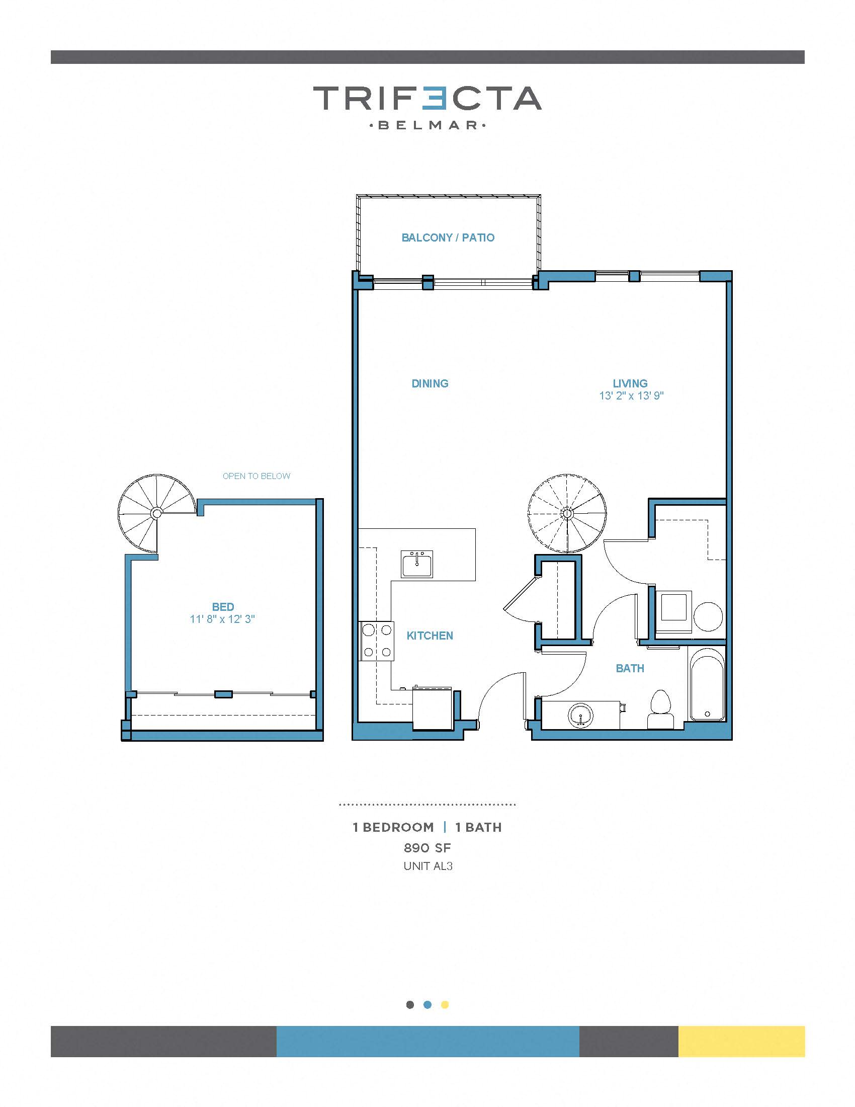 Floor plan for 1 bed, 1 bath, 890 sqft