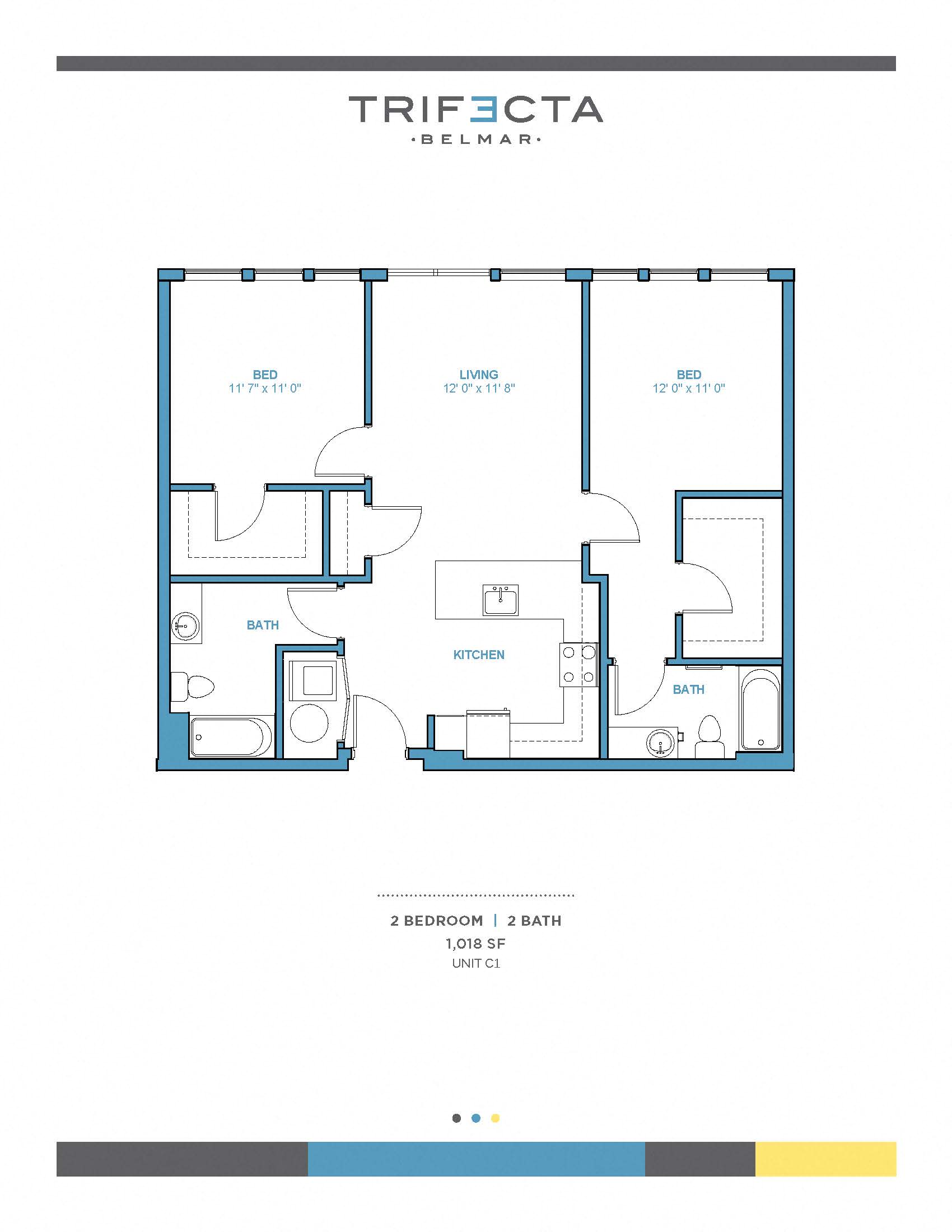 Floor plan for 2 beds, 2 baths, 1017 sqft