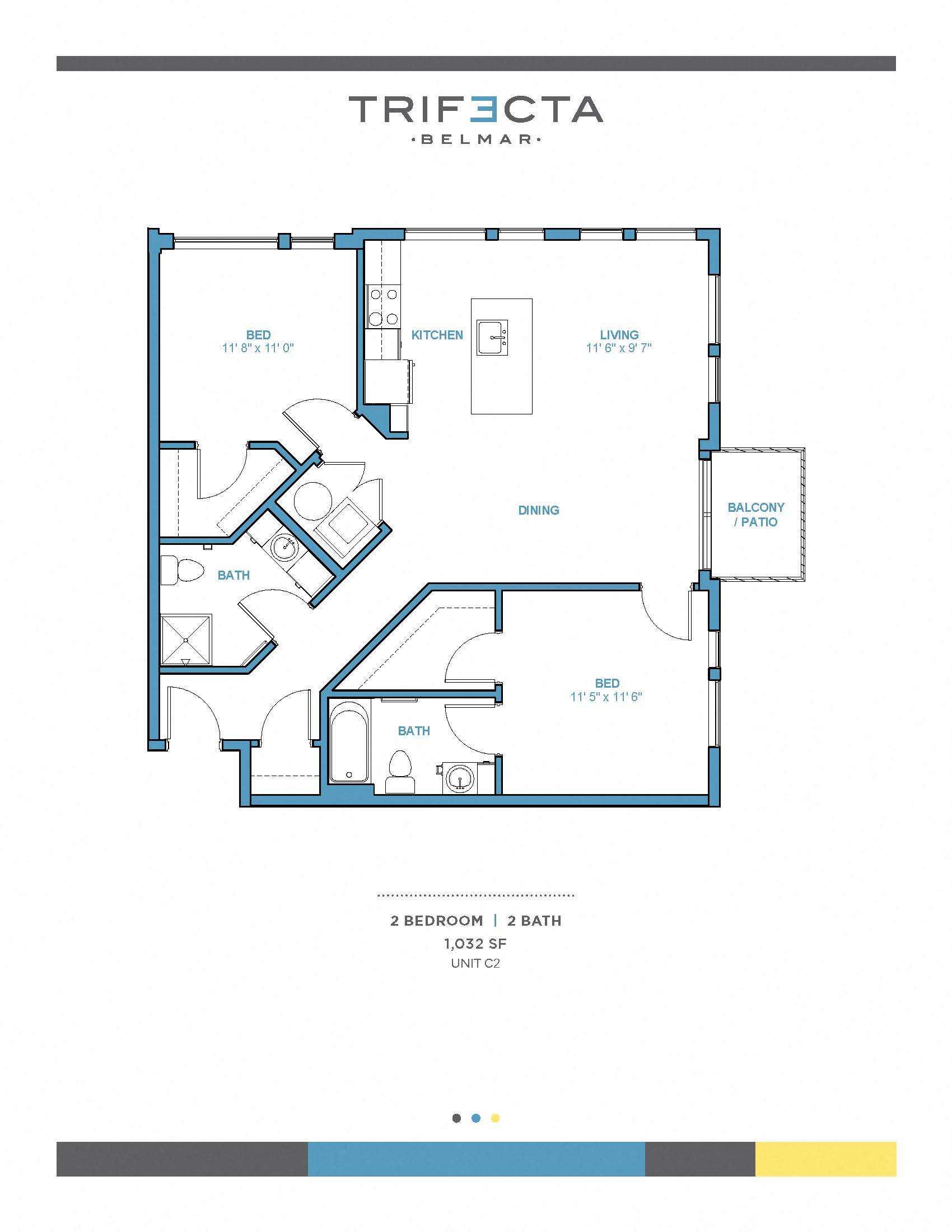 Floor plan for 2 beds, 2 baths, 1032 sqft